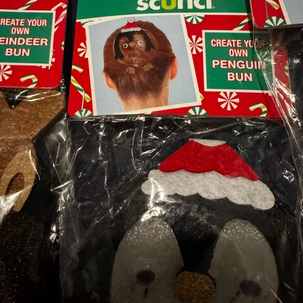 Lot Of 3 Scunci Hair Bun Accessories Christmas Reindeer Penguin Snowman New